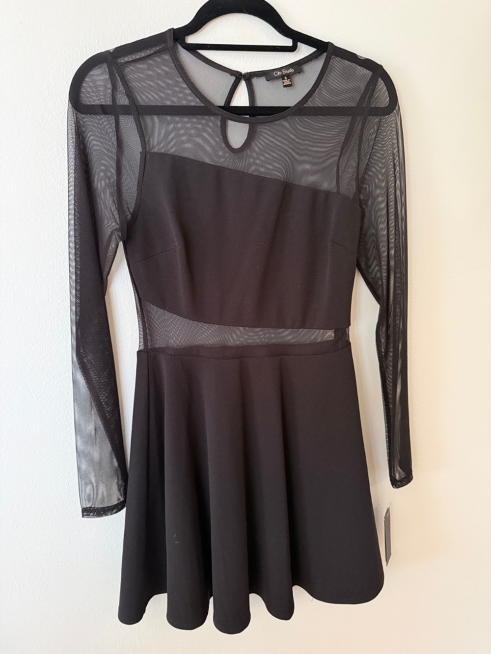 City Studio Black Long-Sleeve Mesh Panel Fit & Flare Dress